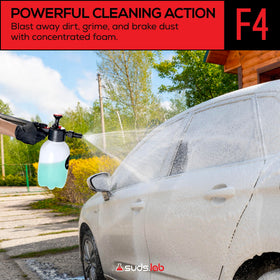 suds.lab foamy cleaner covering car wheel to lift brake dust effectively