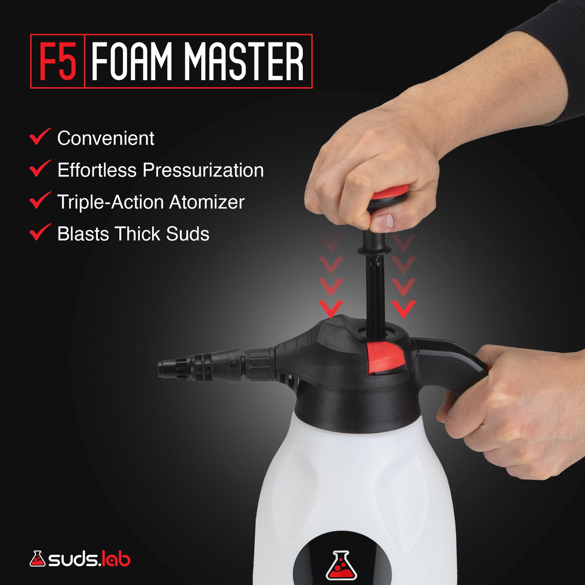suds.lab F5 pump handle detail highlighting lightweight hand-pump for fatigue reduction
