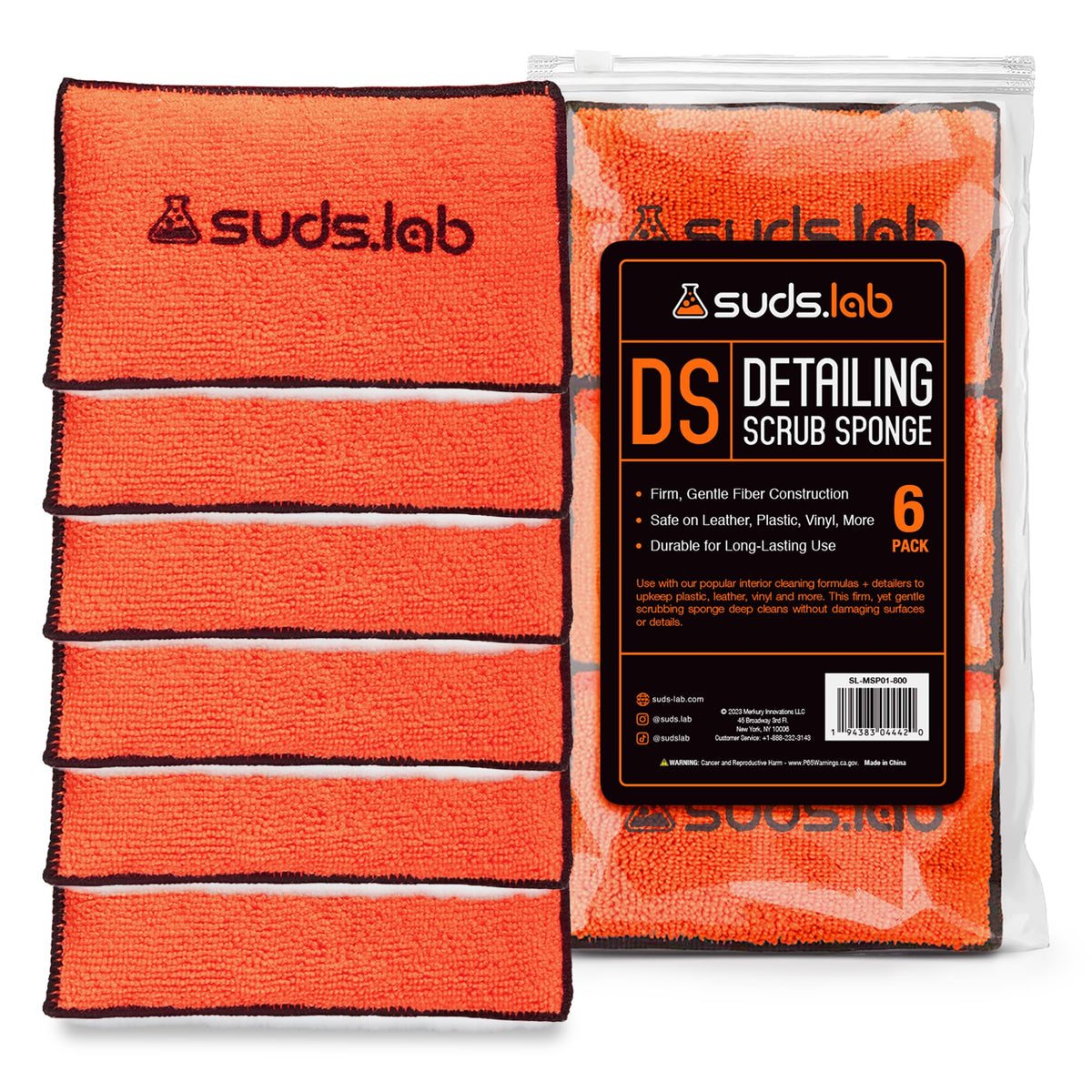 suds.lab front packaging showing six orange microfiber pads and brand benefits