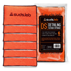 suds.lab front packaging showing six orange microfiber pads and brand benefits