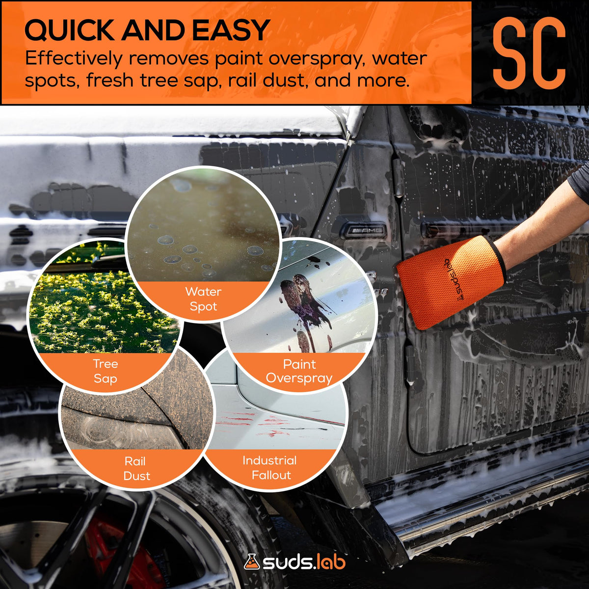 suds.lab mitt in hand gliding across car hood for faster decontamination