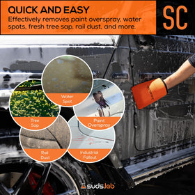 suds.lab mitt in hand gliding across car hood for faster decontamination
