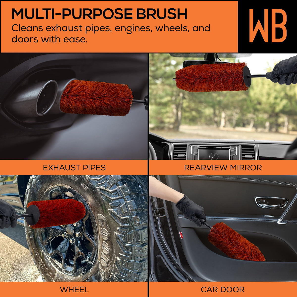 suds.lab brush in use cleaning wheel spokes to access tight areas and remove grime