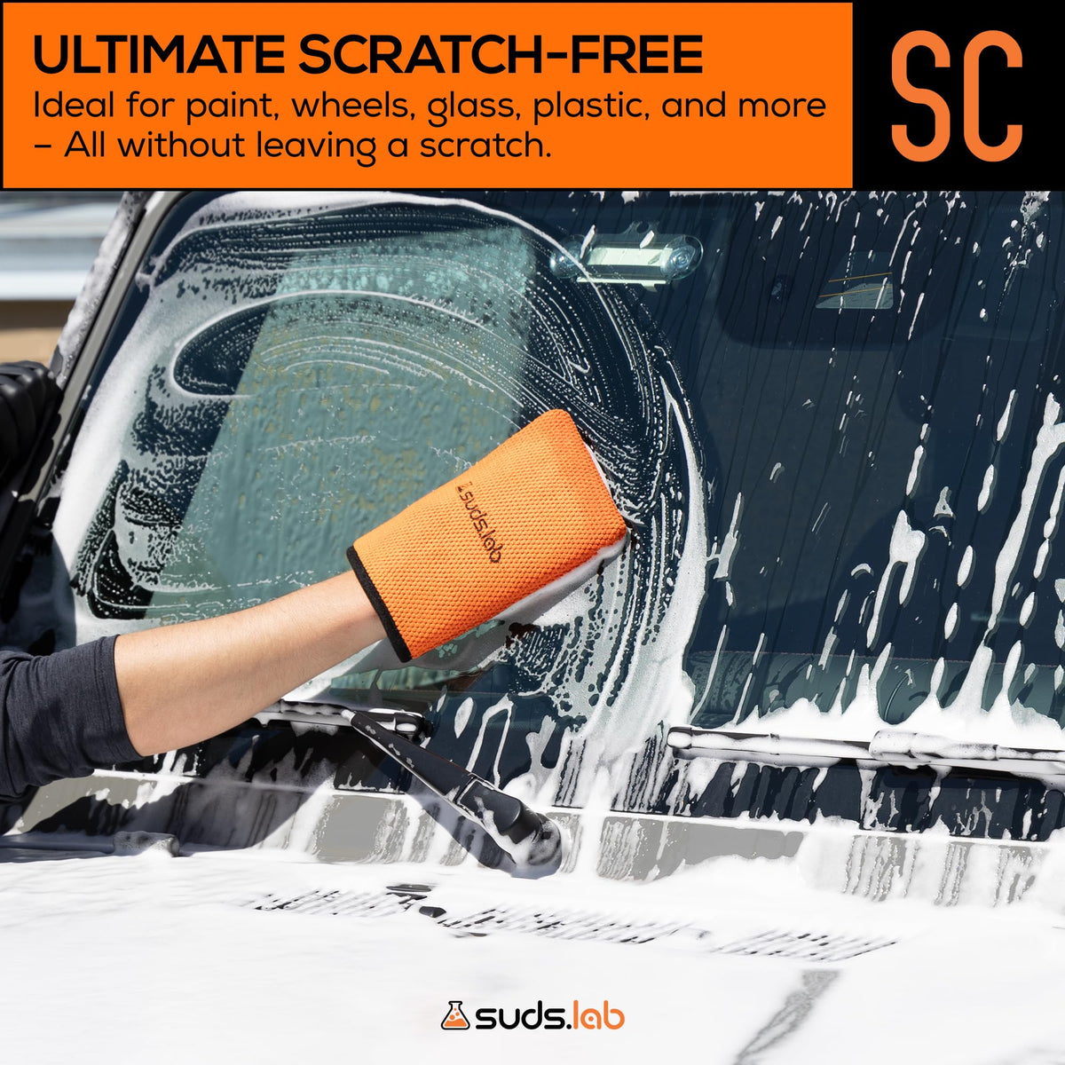 suds.lab mitt next to glove showing size and ergonomic fit