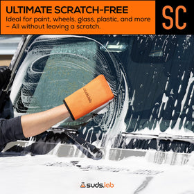 suds.lab mitt next to glove showing size and ergonomic fit