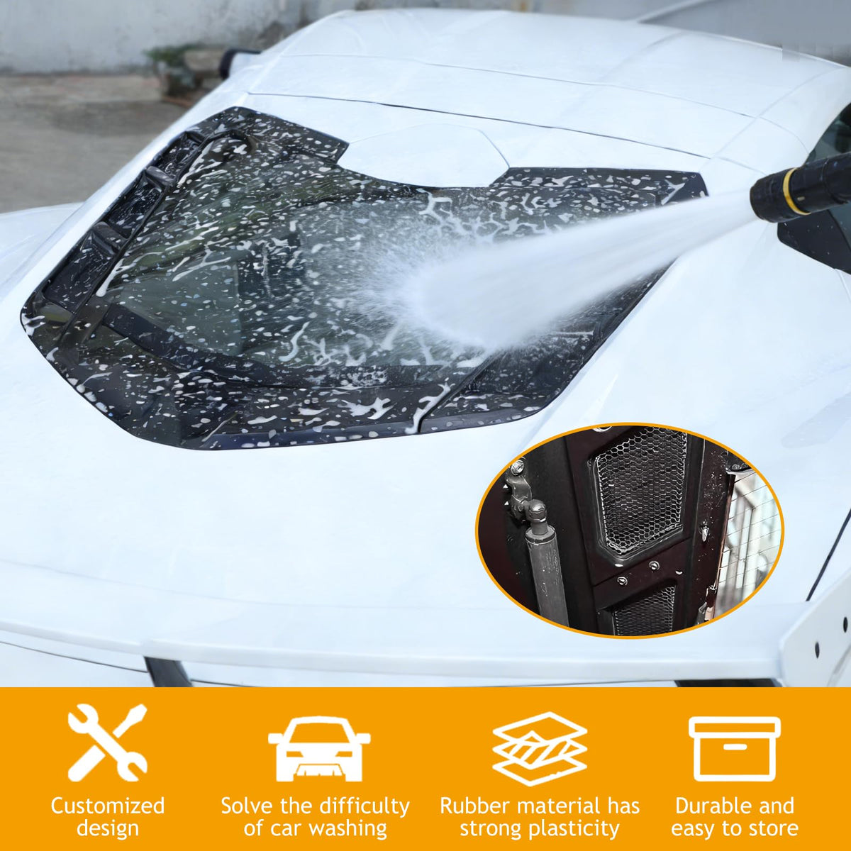Suetlcoity installed on Corvette rear showing blocked engine bay during wash