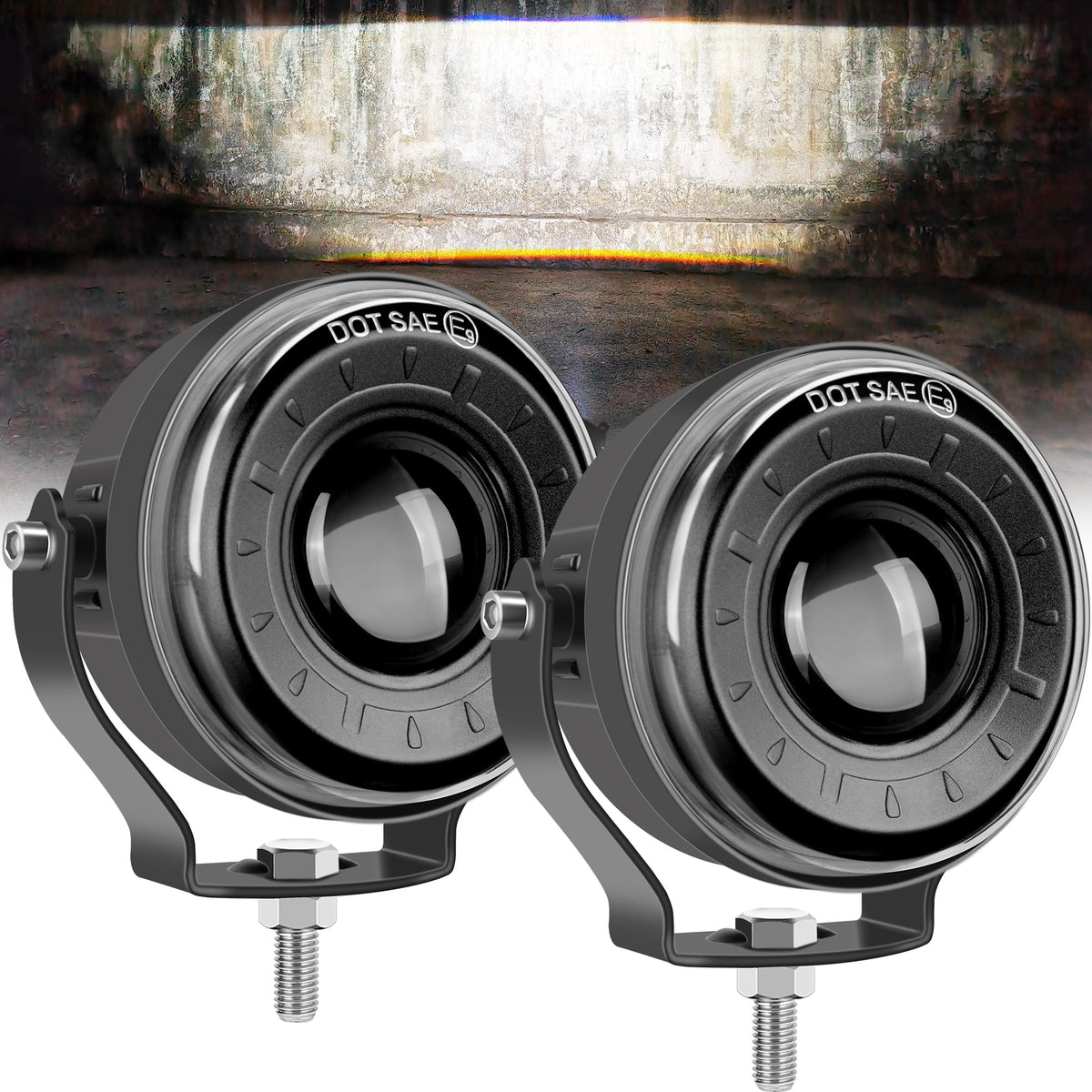 SUFEMOTEC front view of round LED pod light showing compact durable housing and bright beam benefit