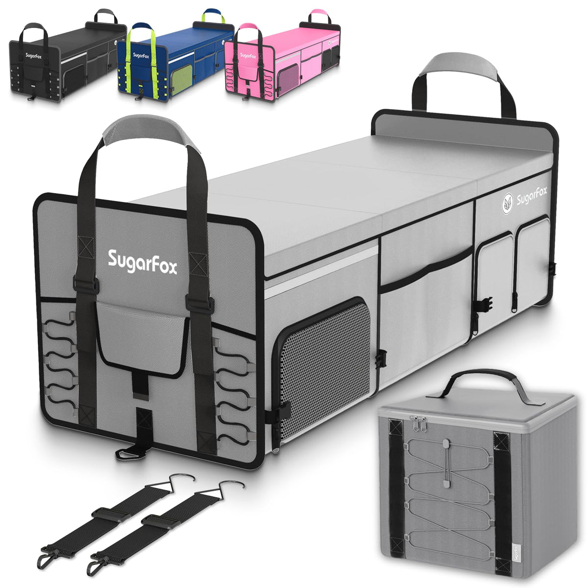 SugarFox trunk organizer front view showing size and color block for clear trunk organization benefit