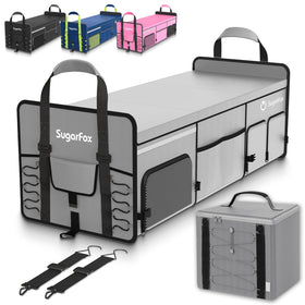 SugarFox trunk organizer front view showing size and color block for clear trunk organization benefit