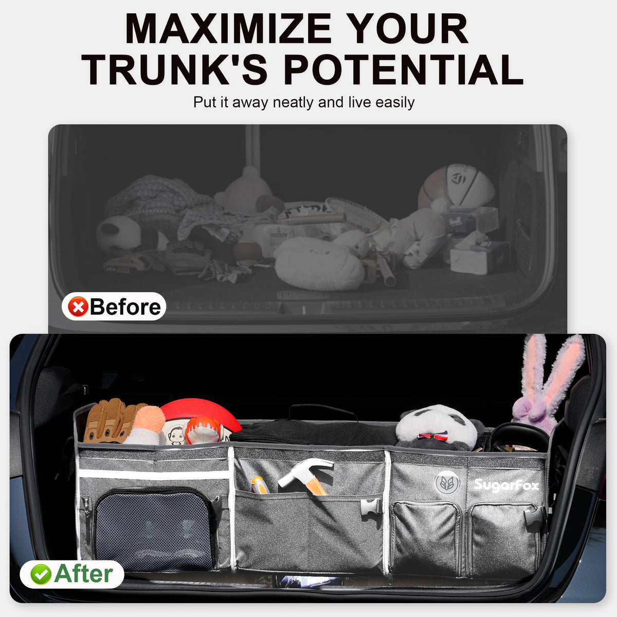 SugarFox lifestyle trunk scene with groceries and picnic items showing convenience for outings benefit
