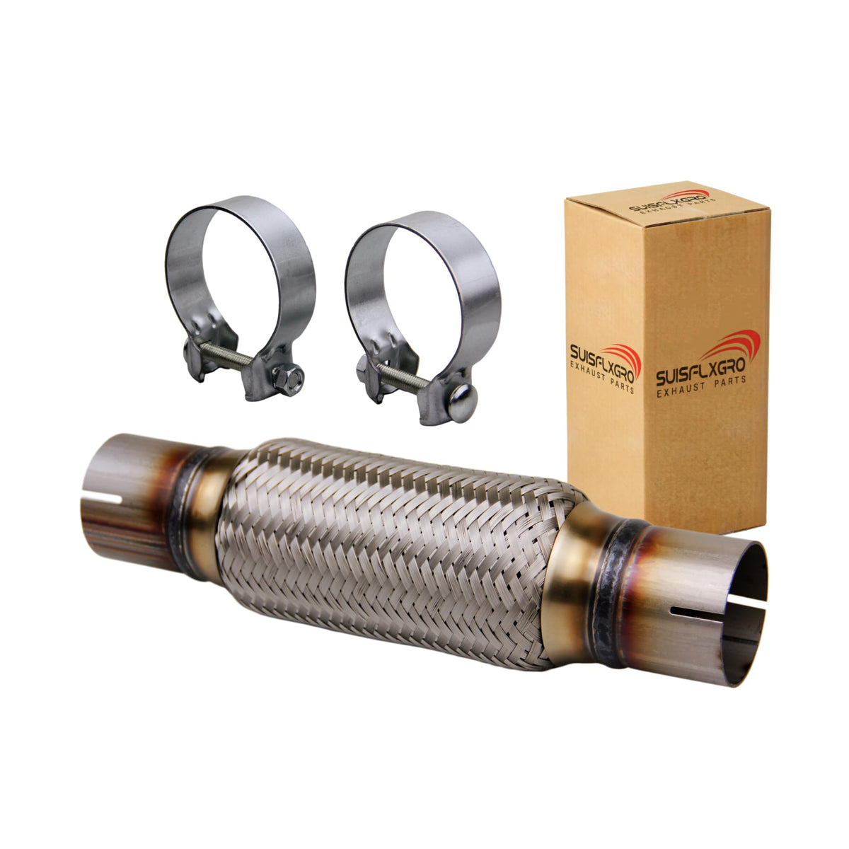 SUISFLXGRO front view of flex pipe showing universal fit benefits