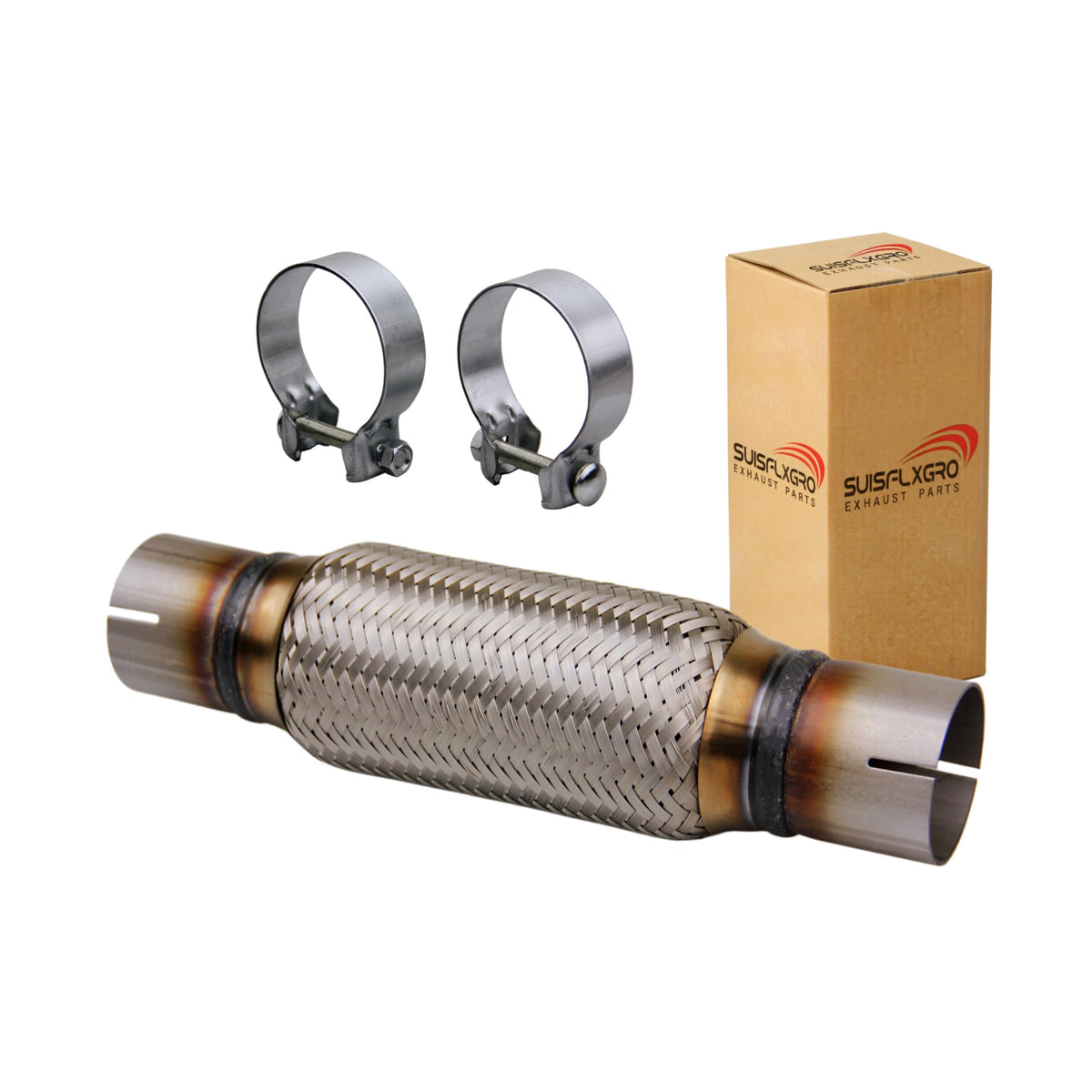 SUISFLXGRO front packaging view showing durable exhaust flex pipe benefits