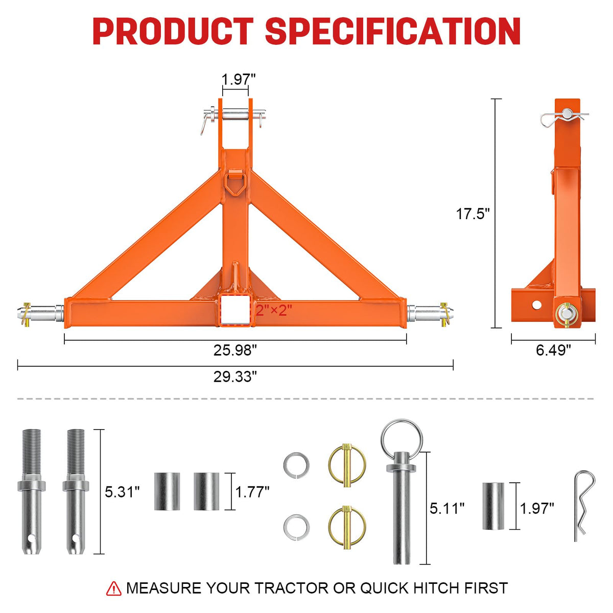Sulythw hitch beside measuring tape showing scale and fit for Category 1 tractors