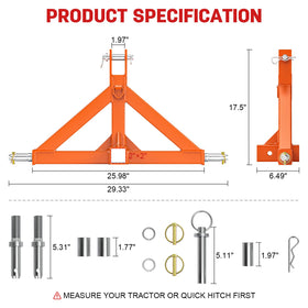 Sulythw hitch beside measuring tape showing scale and fit for Category 1 tractors