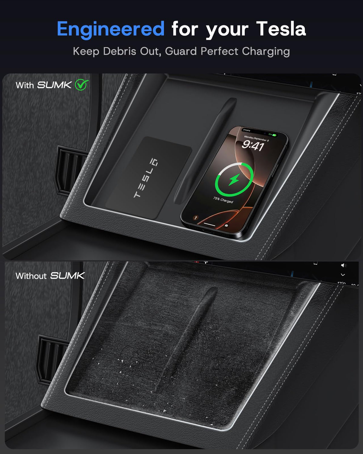 SUMK close-up of ultra-thin wireless charging pad protecting OEM surface and enabling charging
