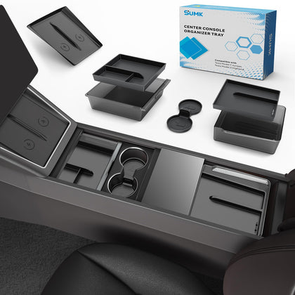 SUMK front view of center console organizer tray showing precise fit and neat storage benefit