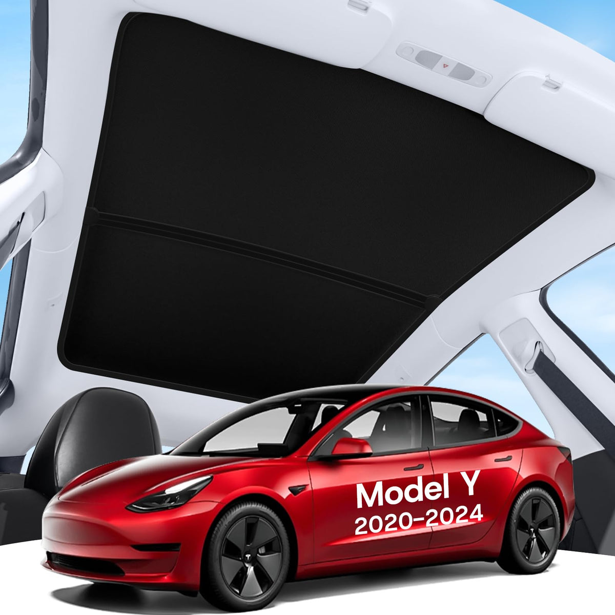 SUMK front view of sunshade packaging showing Model Y fit and quick install benefit