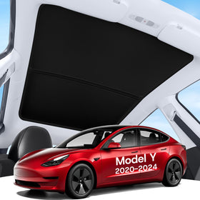 SUMK front view of sunshade packaging showing Model Y fit and quick install benefit