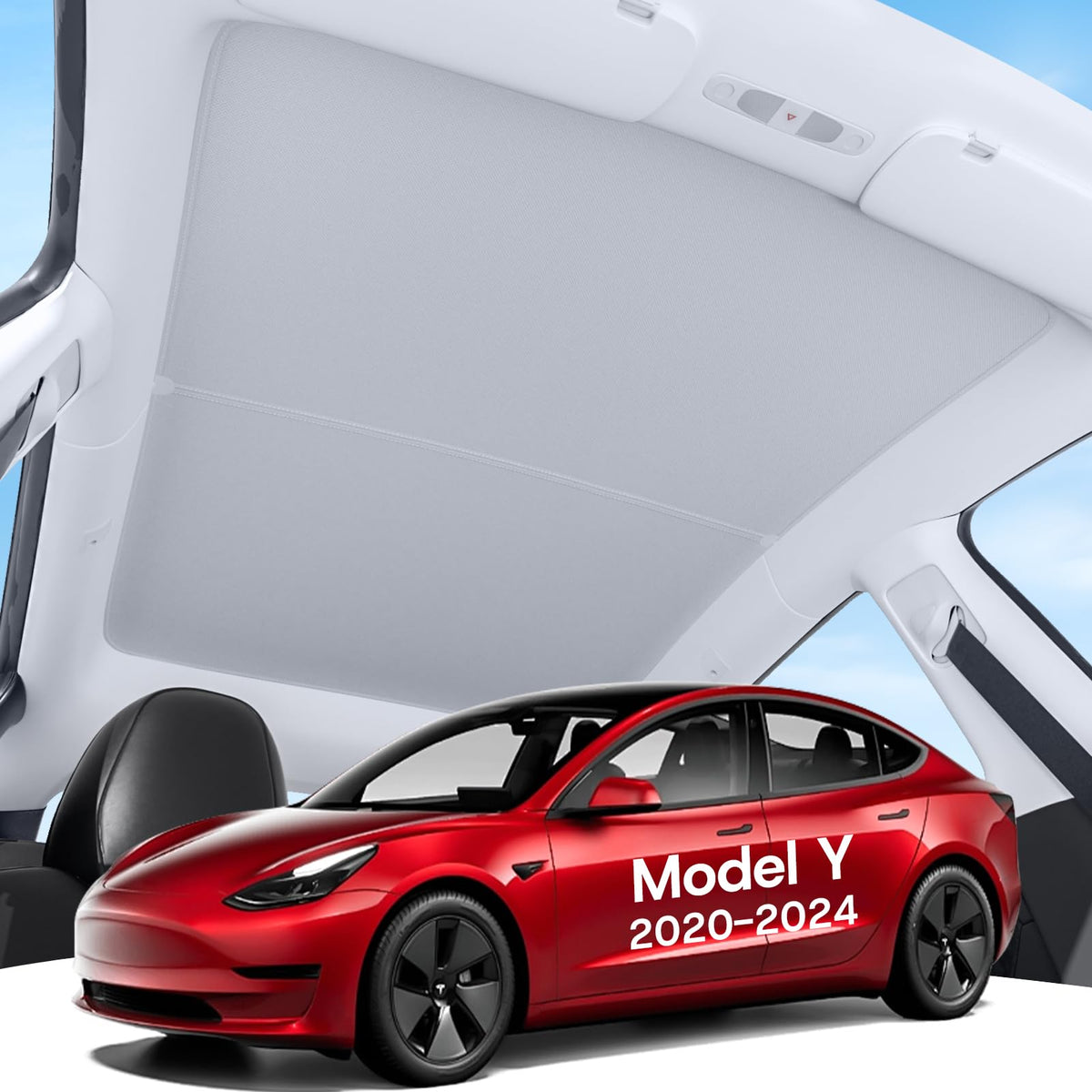 SUMK sunshade front view fitted to Model Y roof showing clean OEM alignment and cooling benefit