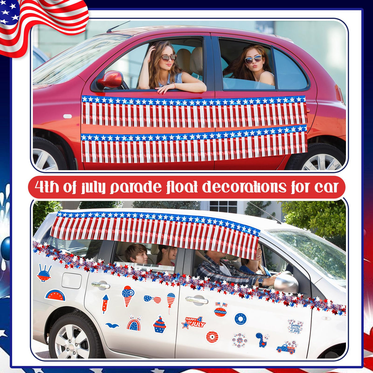 Suncalla tabletop centerpiece with tinsel and banners creating patriotic ambiance