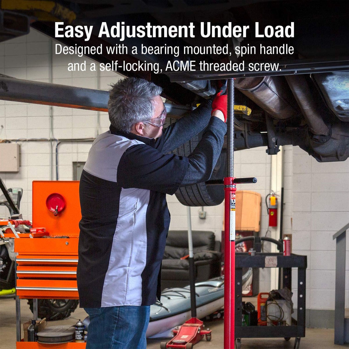 Sunex Tools 6809A supporting a muffler under a car for hands-free positioning benefit