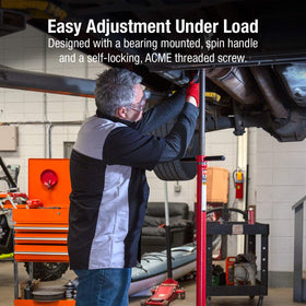 Sunex Tools 6809A supporting a muffler under a car for hands-free positioning benefit