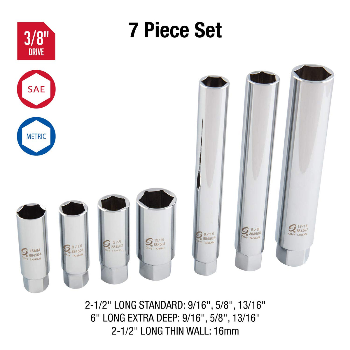 Sunex Tools 8845 close-up of CR-V forged sockets highlighting durable finish