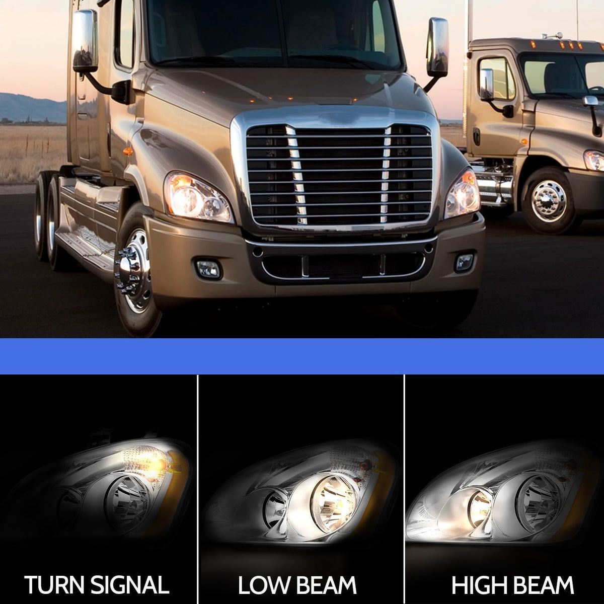 Sunhua headlight installed on Freightliner Cascadia, restores factory-fit appearance and beam