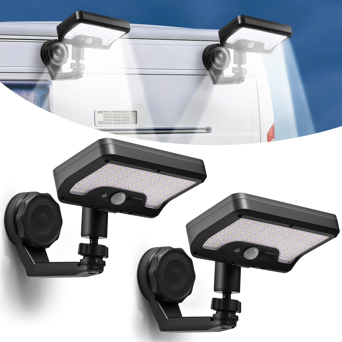 sunlight encounter front view showing compact solar motion light with bright LED face