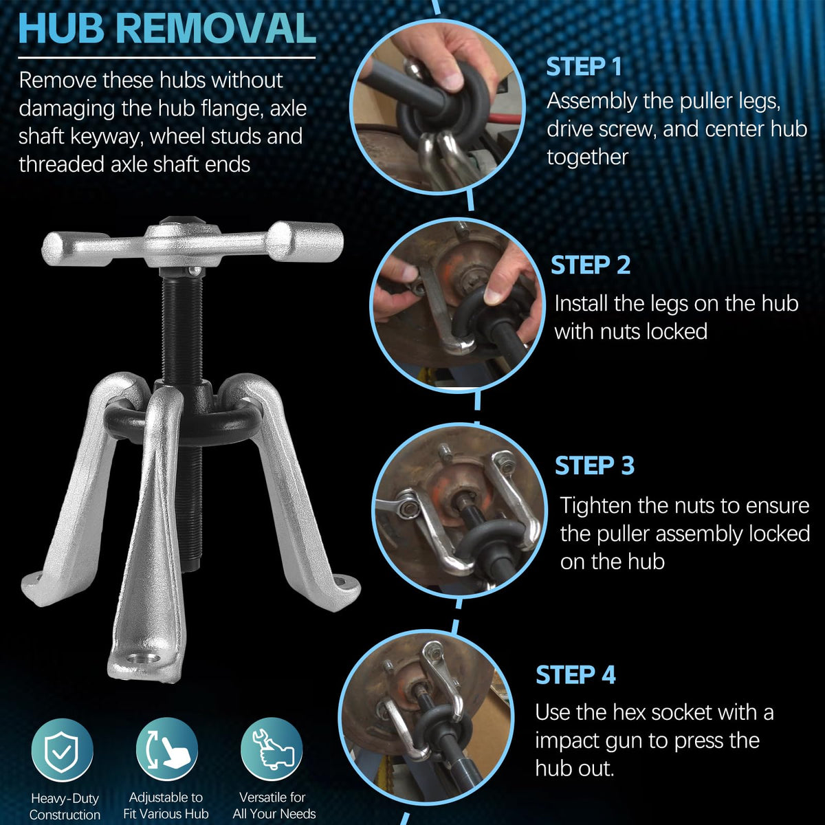 Sunluway tool removing a wheel hub on a car demonstrating safer extraction