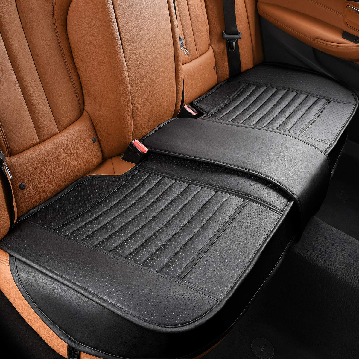 Sunny color front view of seat cover showing neat fit and easy protection