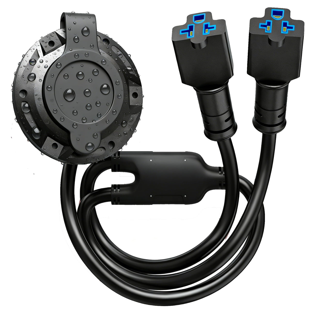 SunnyLith front panel with cover showing dual AC ports and mounting benefits