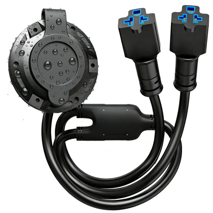 SunnyLith front panel with cover showing dual AC ports and mounting benefits