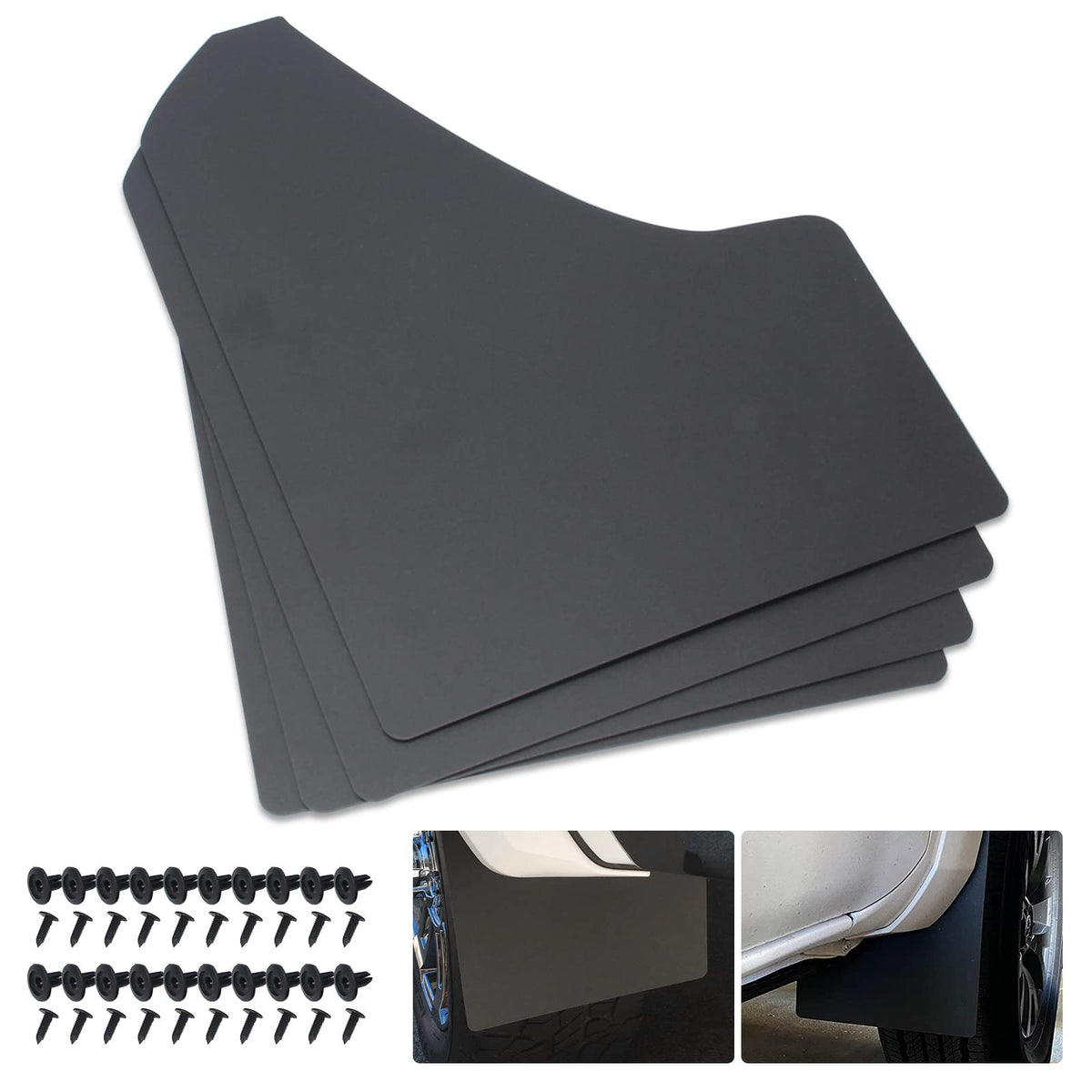 SUNPIE front view of four black mud flaps showing complete set and packaging, durable protection