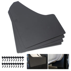 SUNPIE front view of four black mud flaps showing complete set and packaging, durable protection