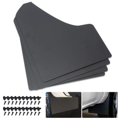SUNPIE front view of four black mud flaps showing complete set and packaging, durable protection