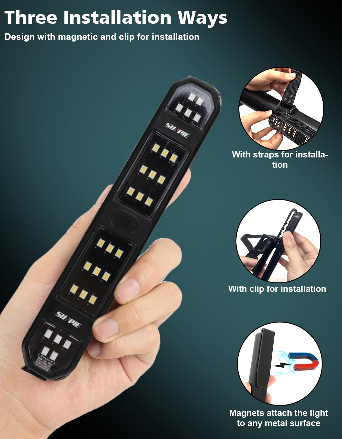 SUNPIE magnetic backplate attached to metal for instant no-drill mounting benefit
