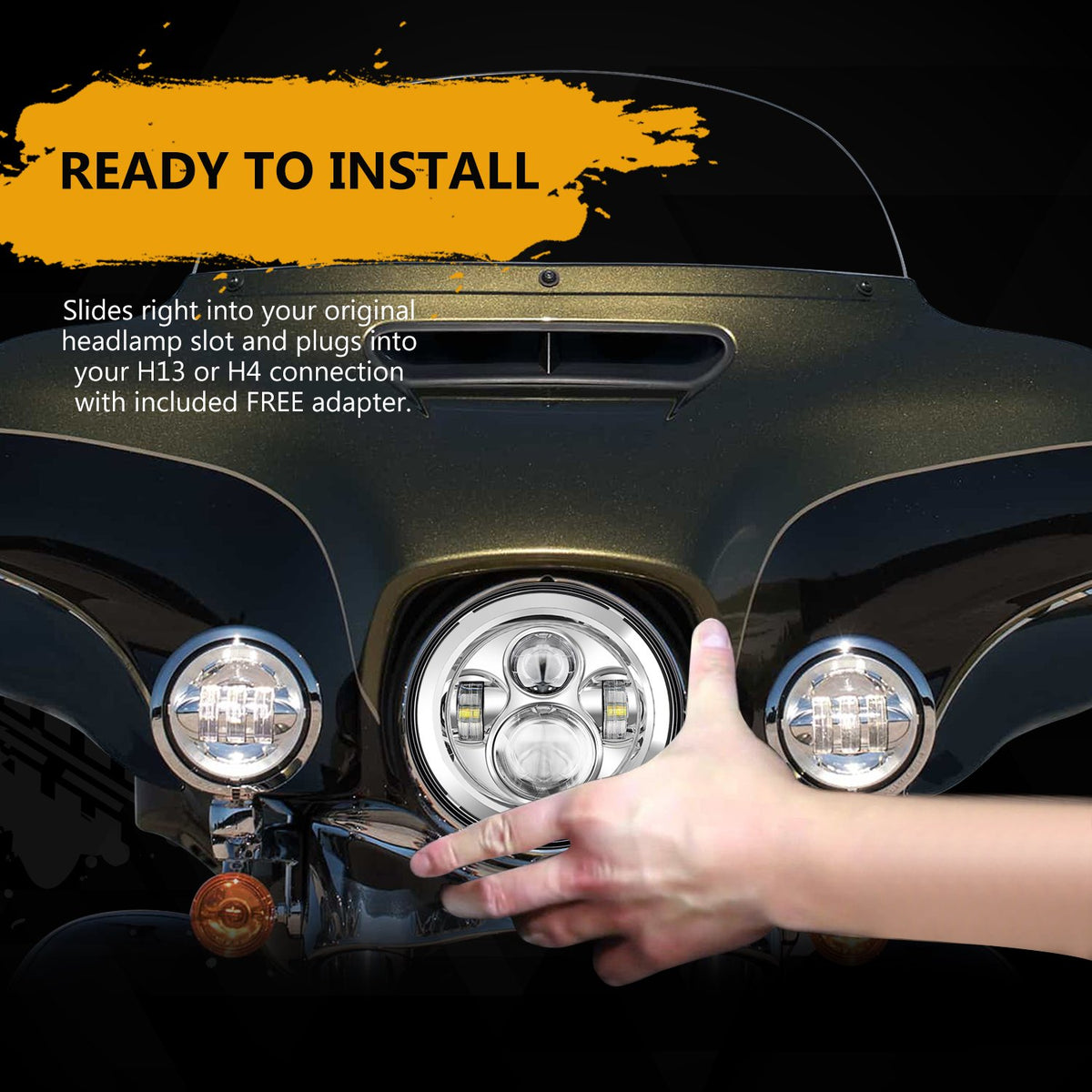 SUNPIE next to a ruler showing 7-inch size for correct fitment on Harley models