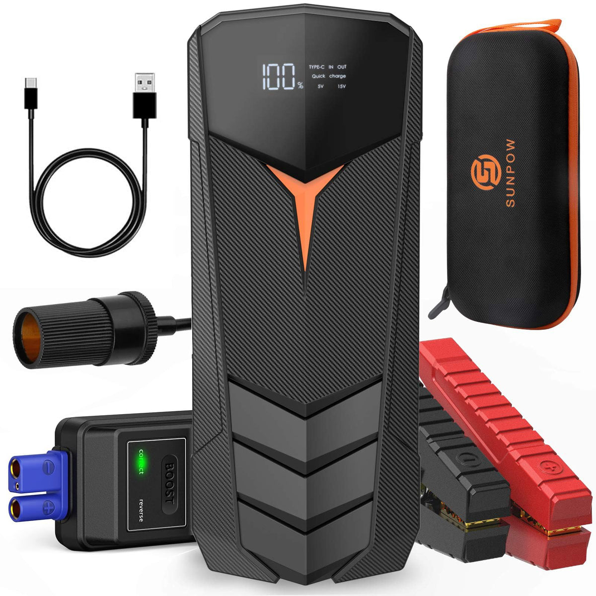 SUNPOW front view of the jump starter showing compact design and portability