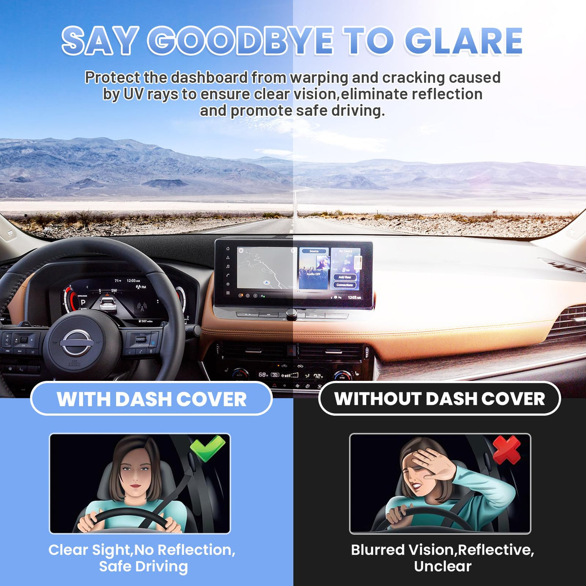 Sunsdrew anti-glare view shows reduced windshield reflections improving safety