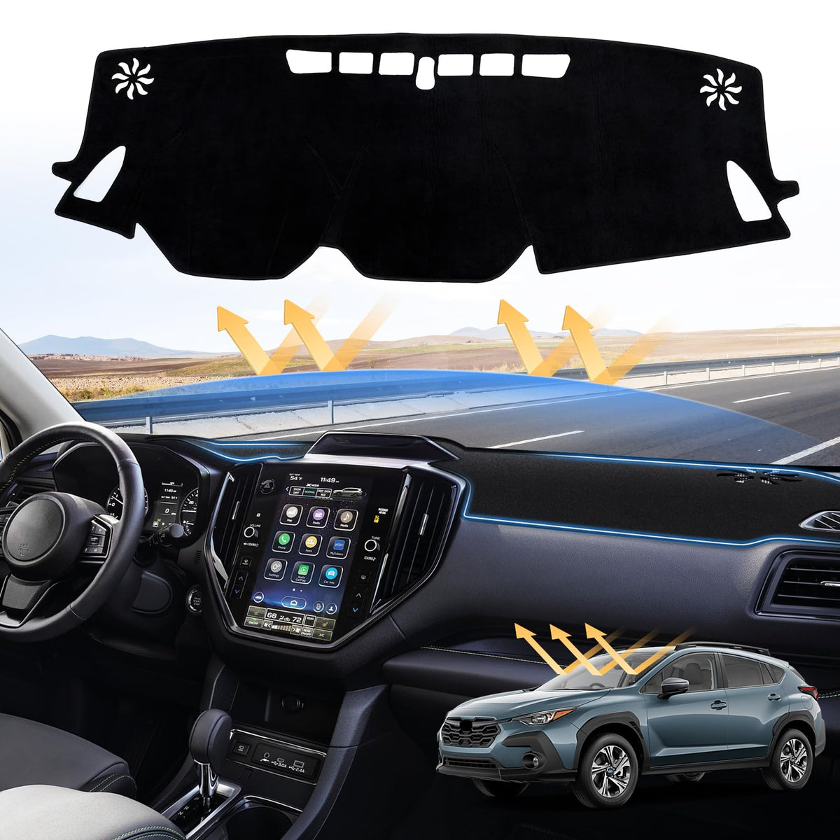 Sunsdrew front view of dash cover showing precise Crosstrek fit and polished interior benefit