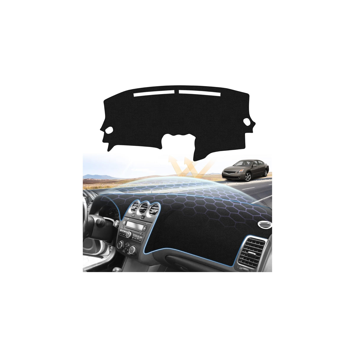 Sunsdrew front view fitted on Altima dashboard showing clean tailored protection