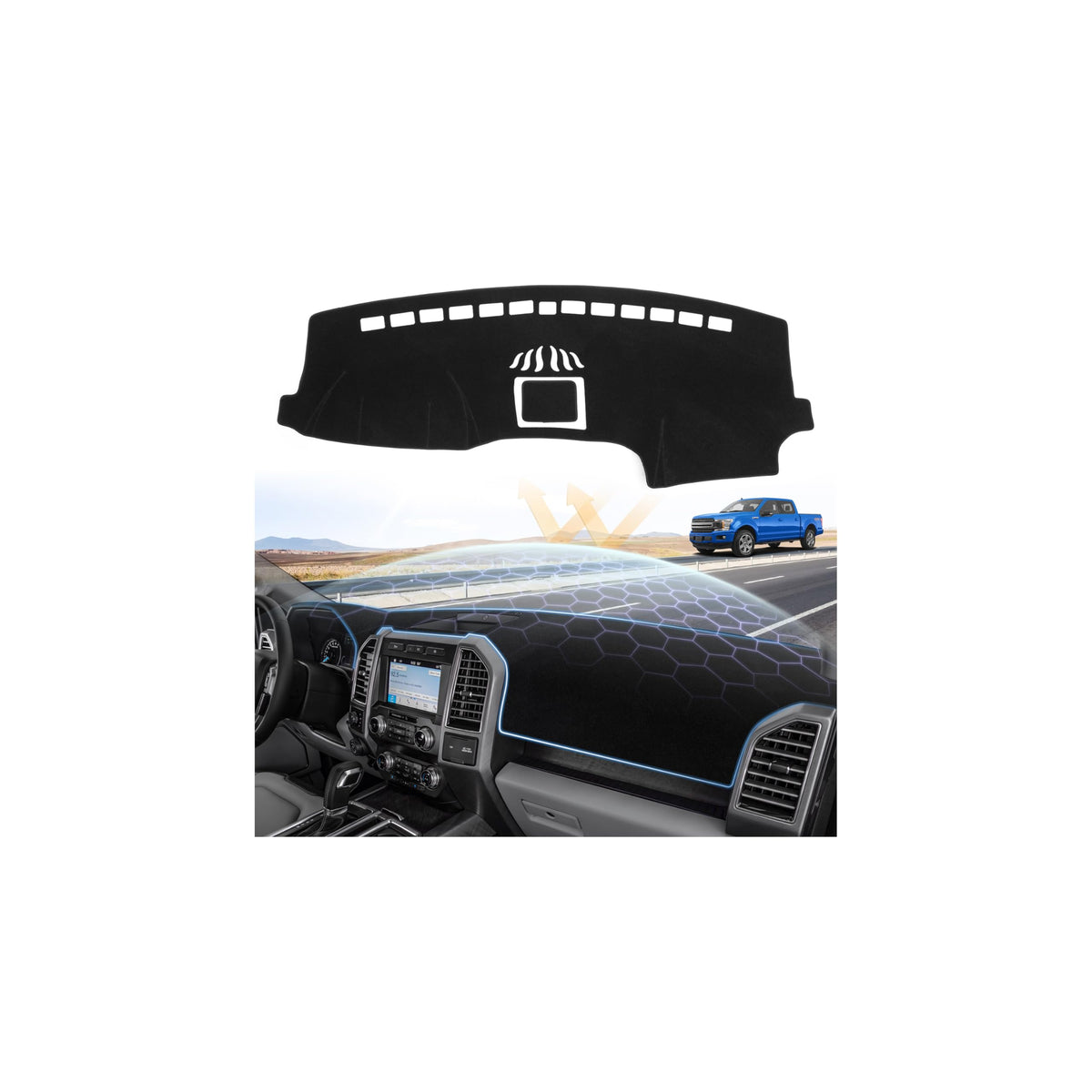 Sunsdrew front view installed on F150 dashboard showing neat fit