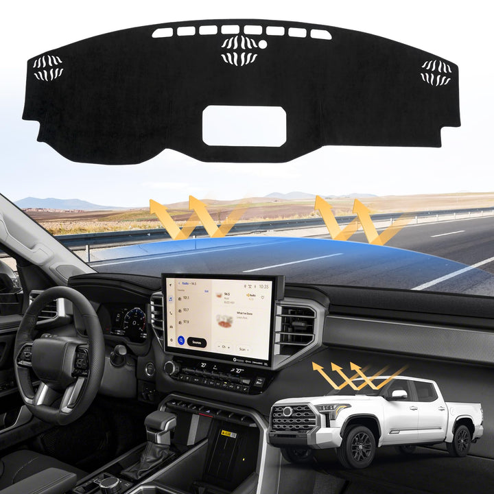 Sunsdrew front view of dash cover showing precise fit for Tundra dashboard and style