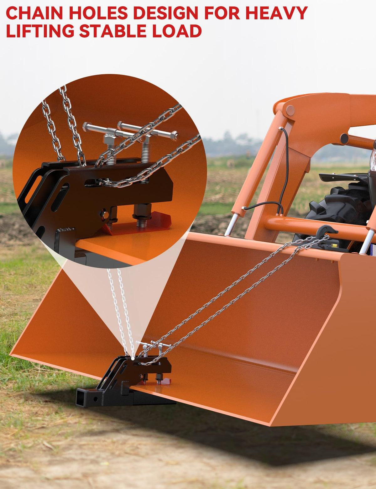SUNSHINE FARMRE installed on tractor bucket for quick attach convenience