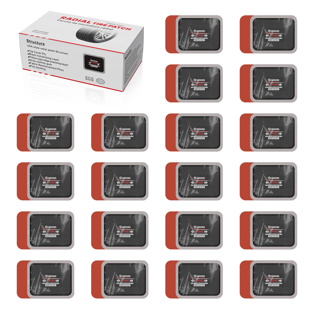 SUNSOUL front packaging showing 20 radial patches and kit convenience