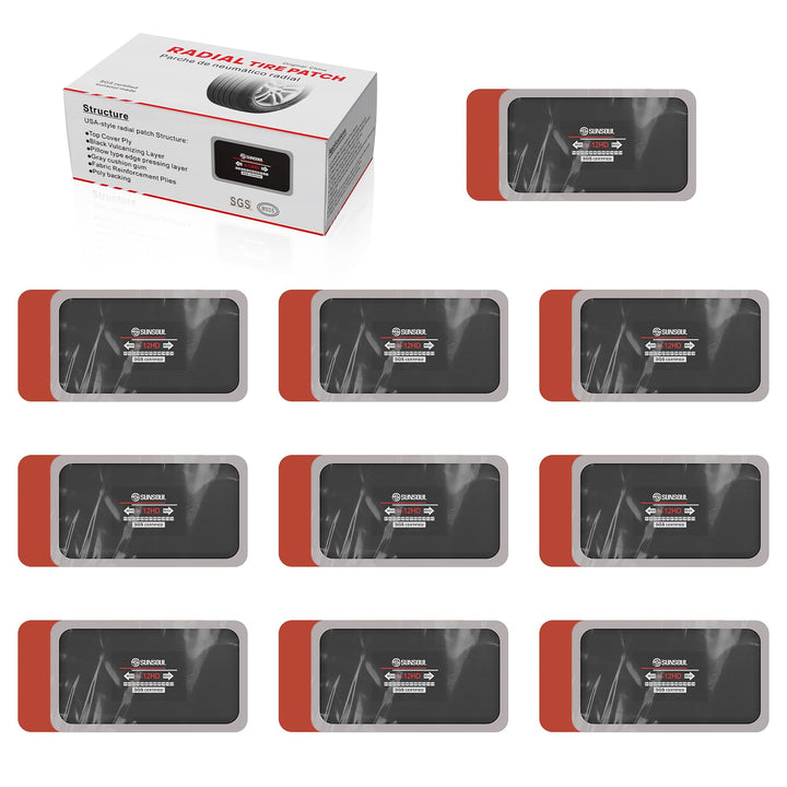 SUNSOUL front packaging showing 10 radial tire patches and robust construction benefit