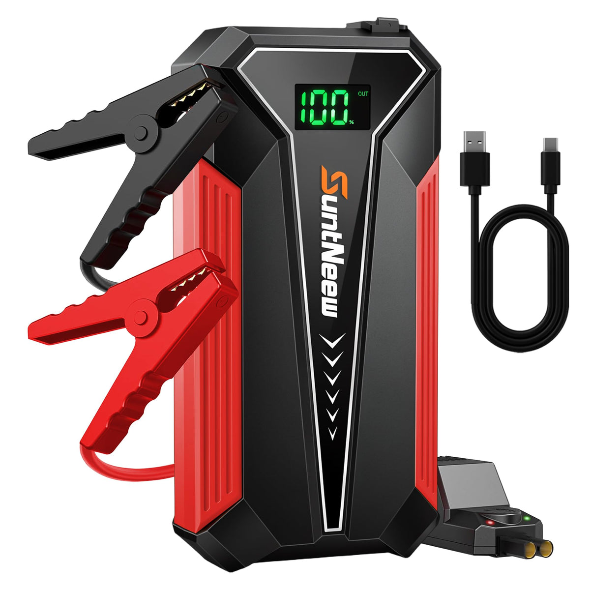 SuntNeew front view showing compact jump starter and brand name benefits