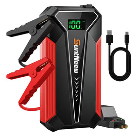 SuntNeew front view showing compact jump starter and brand name benefits