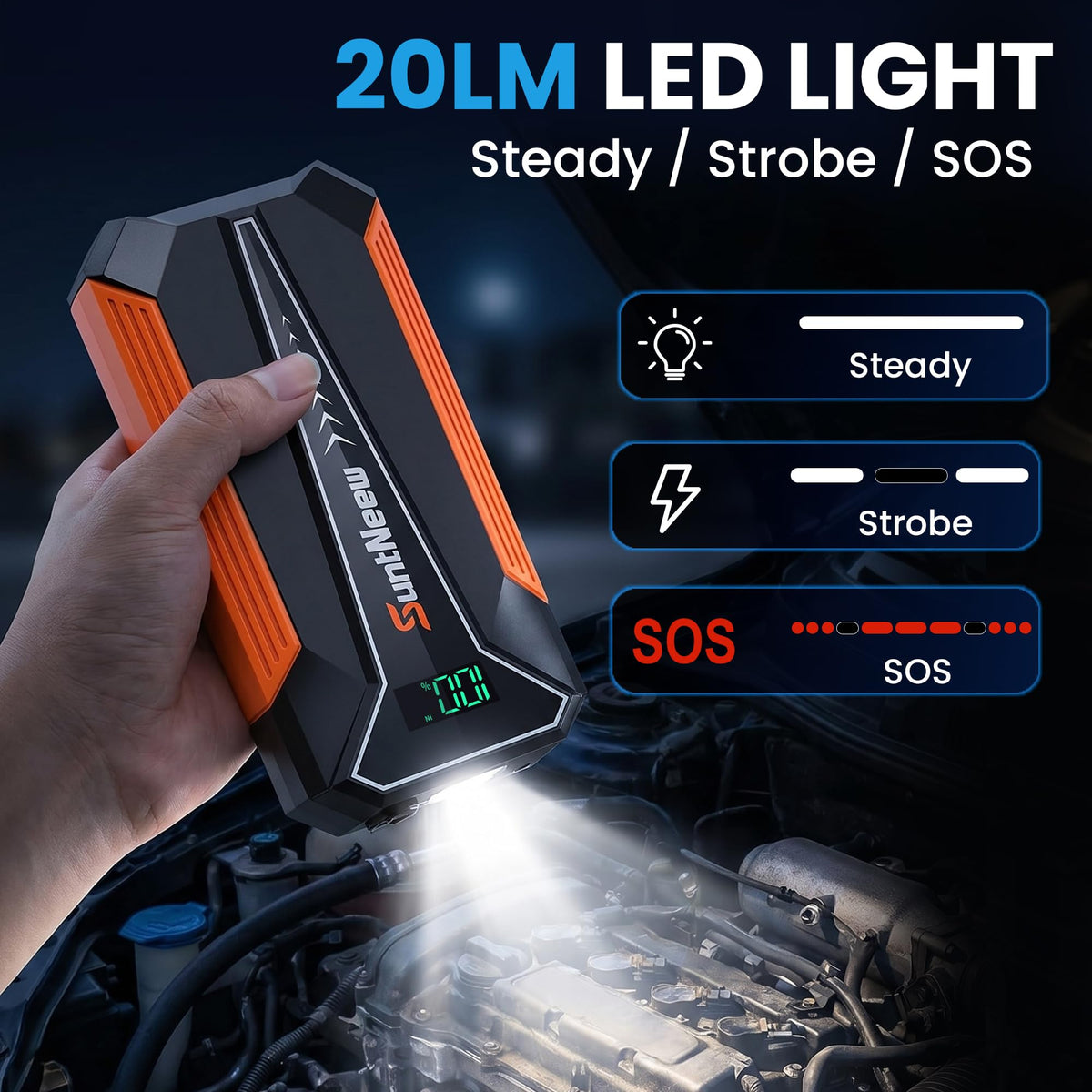 SuntNeew jump starter connected to car battery demonstrating safe, quick engine restart